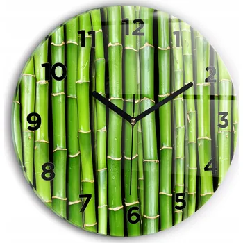 Hodiny Moderní skleněné hodiny s grafikou na zeď Bambus Asijský kulatý průměr 30 cm