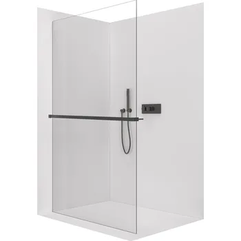 CERANO - Sprchová zástěna Walk-in Crystal L/P - 8 mm + polička/držák na ručníky - bezvzpěrový systém - černá matná, transparentní sklo - 150x200 cm