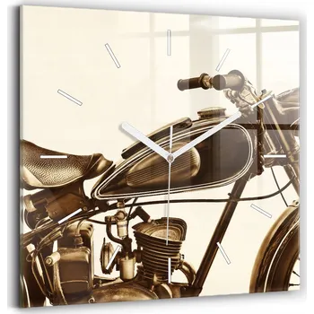 Hodiny Čtvercové Skleněné Nástěnné Hodiny s Motivem Sepia Vintage Motocyklu 30x30 cm