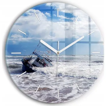 Hodiny Moderní skleněné nástěnné hodiny s potiskem potopené loď , průměr 30 cm