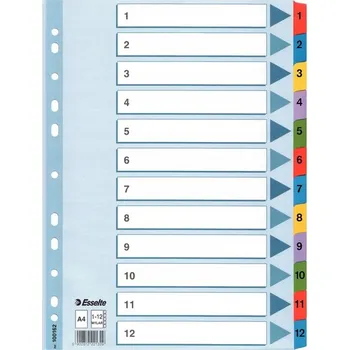 BAREVNÉ papírové ROZDĚLOVAČE A4 1-12 Esselte Číslované KARTONOVÉ Kancelářské