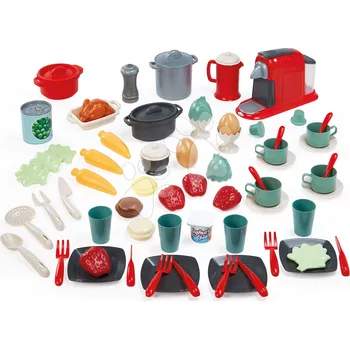 Dětská kuchyňka Jídelní souprava s potravinami v dóze 100% Chef Écoiffier s hrnci kávovarem 70 doplňků od 18 měsíců