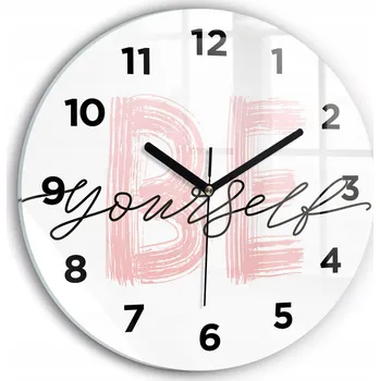 Hodiny Minimalistické skleněné nástěnné hodiny se vzorem Nápis Be yourself průměr 30 cm