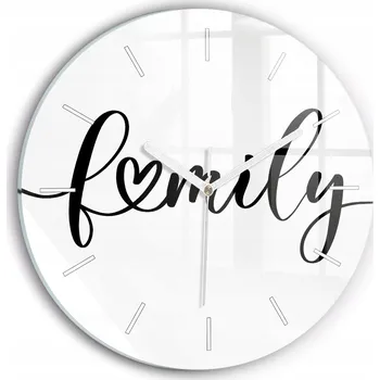 Hodiny Moderní skleněné nástěnné hodiny s potiskem Nápis Family a srdce průměr 30 cm
