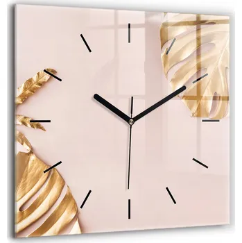 Hodiny Skleněné nástěnné hodiny do obýváku s grafikou Zlaté tropické listy 60x60 cm