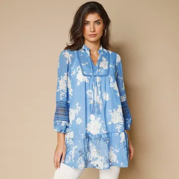 Dámské tričko Tunika se 7/8 rukávy, volánem a potiskem modrá 36