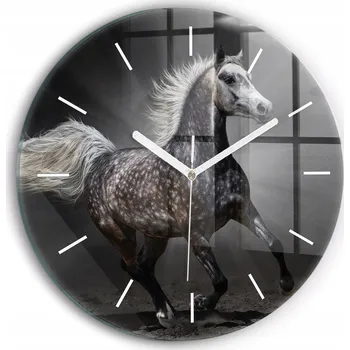 Hodiny Moderní skleněné nástěnné hodiny s potiskem Cvalající kůň kulatý průměr 30 cm