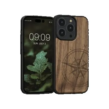 Pouzdro na mobilní telefon Dřevěné pouzdro s designem kompas pro Apple iPhone 14 Pro - tmavě hnědá