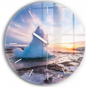 Hodiny Moderní skleněné nástěnné hodiny Gejzer na ostrově Island kulatý fi30 cm