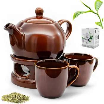 Bella Fiore Džbán 1L S OHŘÍVAČEM 2x hrnek konvice IMBRYK s rukojetí z kameniny Hnědá