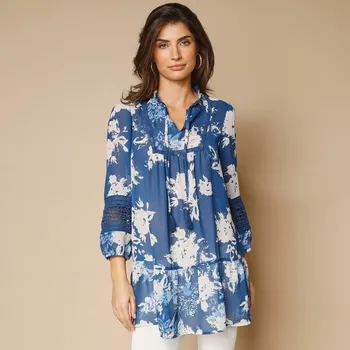 Dámské tričko Tunika se 7/8 rukávy, volánem a potiskem indigo 38