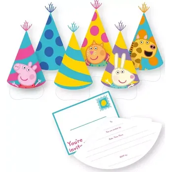 Party dekorace Pozvánky a party čepičky Prasátko Peppa Party 6ks