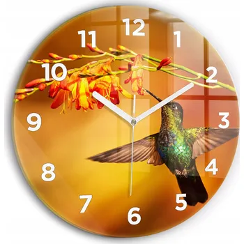 Hodiny Moderní skleněné foto hodiny na zeď tichý mechanismus Kolibřík pták průměr 30 cm
