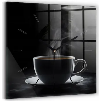 Hodiny Čtvercové Skleněné Nástěnné Hodiny s Grafikou Šálek černé kávy 30x30 cm