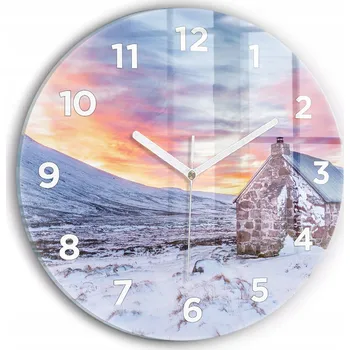 Hodiny Skleněné nástěnné hodiny do kanceláře se stylovým potiskem Chalupa v horách průměr 30 cm