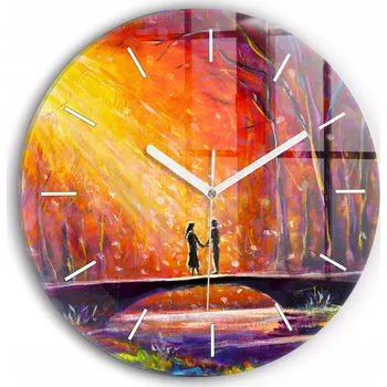 Hodiny Moderní skleněné nástěnné hodiny s potiskem Pár v lese kulatý průměr 30 cm