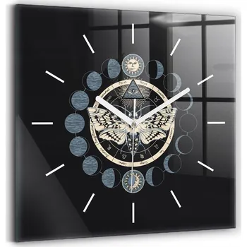 Hodiny Čtvercové skleněné nástěnné hodiny do obýváku s motivem fází měsíce 30x30 cm