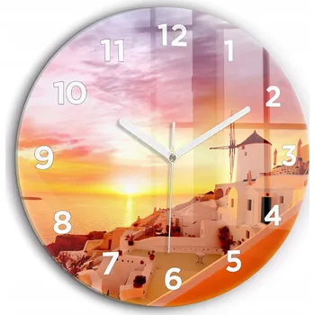 Hodiny Nástěnné Kulatý Skleněné Hodiny s motivem Starý větrný mlýn v Santorini průměr 60 cm