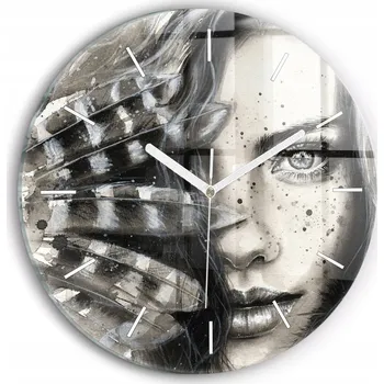 Hodiny Moderní skleněné hodiny s grafikou na zeď Malovaný portrét kulatý průměr 30 cm
