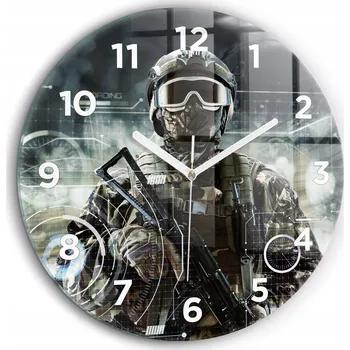 Hodiny Tiché foto nástěnné hodiny Voják se zbraní, bílé ručičky kulatý fi60 cm