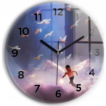 Hodiny Moderní skleněné foto hodiny na zeď Chlapec s křídly průměr 60 cm