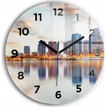 Hodiny Skleněné foto hodiny na zeď Panorama s Eiffelovou věží, černé ručičky, průměr 60 cm