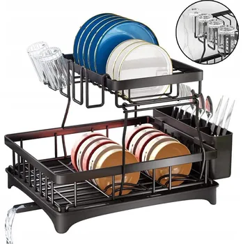 Odkapávač na nádobí ODKAPÁVAČ NA NÁDOBÍ PŘÍBORY KELÍMKY DVOUÚROVŇOVÁ ODKAPÁVAČ ČERNÝ