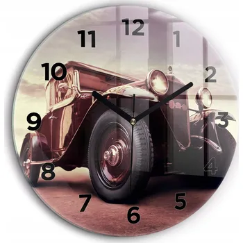 Hodiny Nástěnné Kulatý Skleněné Hodiny S Potiskem Auto ve Vintage stylu průměr 60 cm