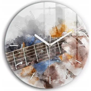 Hodiny Čtvercové Skleněné Nástěnné Hodiny do Obýváku s Grafikou Kytary fi60 cm