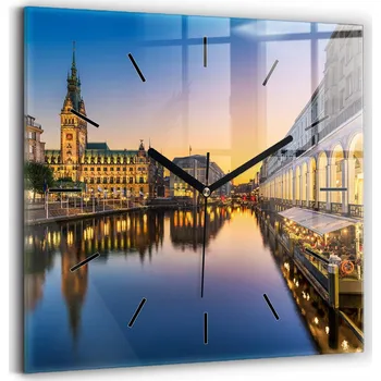Hodiny Skleněné Hodiny s potiskem Velké Nástěnné S Grafikou Tiché Radnice v Hamburku