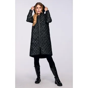 Dámský kabát Delší prošívaný černý dámský kabát na zip s kapucí 7631 velikost S