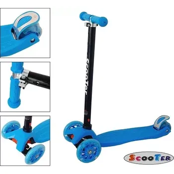 Koloběžka Velká dětská naklápěcí koloběžka tříkolová, LED svítící kolečka - modrá, výška 65 až 90cm