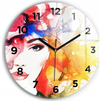 Hodiny Čtvercové Skleněné Nástěnné Hodiny s Barevným Portrétem Ženy, průměr 30 cm
