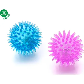 Dva blikající LED TPR míčky s bodlinami, modrý a růžový, odolná (gumová) hračka z termoplastické pryže pro psy i kočky