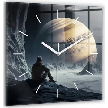 Hodiny Velké skleněné nástěnné hodiny Tichý chod Člověk na pozadí měsíce 60x60