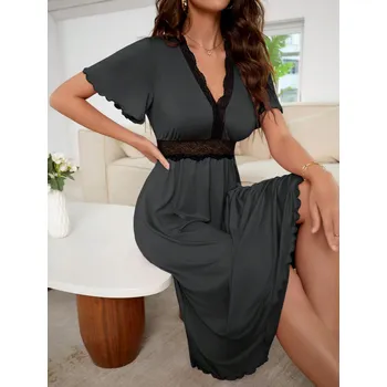 Dámská noční košile Dlouhá noční košile s krajkou Barva: Šedá, Velikostní tabulka: M