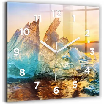 Hodiny Skleněné nástěnné hodiny do kanceláře s motivem Ledovec a východ slunce 30x30 cm
