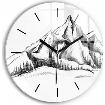 Hodiny Čtvercové Skleněné Nástěnné Hodiny do Obýváku s Motivem Kreslené Hory fi30 cm