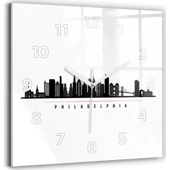 Hodiny Nástěnné čtvercové skleněné hodiny do obýváku Ilustrace Philadelphia 30x30 cm