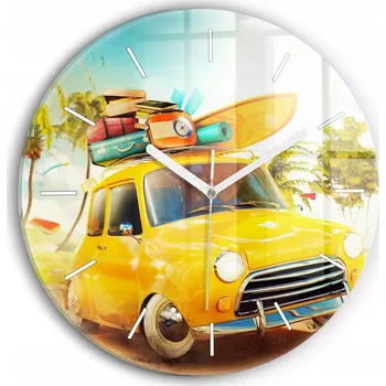 Hodiny Ozdobné nástěnné hodiny s krásnou grafikou: Auto se surfovacím prknem, průměr 30 cm