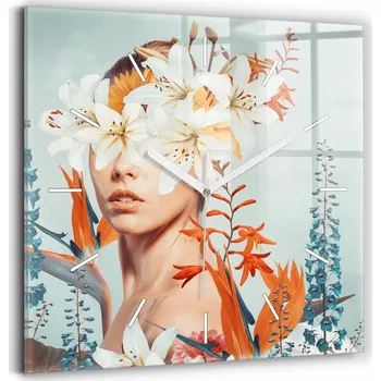 Hodiny Skleněné hodiny s motivem Tiché Bezhluczne Nástěnné Žena s květinami 30x30