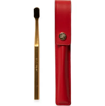 Zubní kartáček AUREZZI Zlatý kartáček s černou hlavicí a červeným koženým pouzdrem Leather Case Button/Red & Toothbrush - Soft