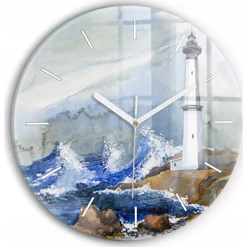 Hodiny Skleněné nástěnné hodiny do obýváku s motivem moře a majáku fi30 cm