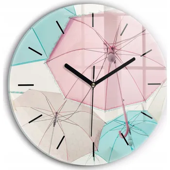 Hodiny Kulatý Skleněné Nástěnné Hodiny do Kanceláře s Grafikou Pastelové deštníky průměr 30 cm