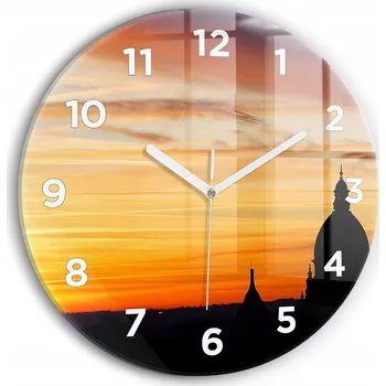 Hodiny Moderní skleněné hodiny s grafikou na zeď Budova a západ slunce průměr 30 cm