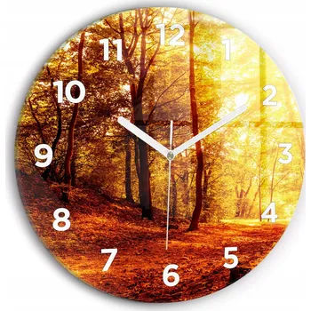 Hodiny Moderní skleněné nástěnné hodiny s potiskem Krajina lesa ve slunci průměr 30 cm