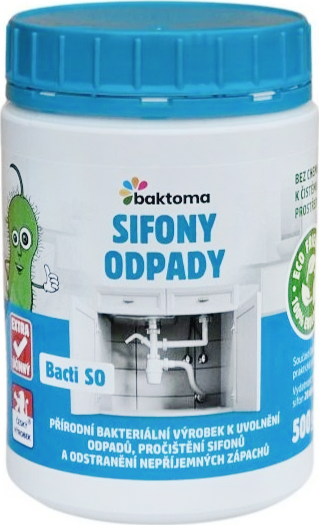 BACTI SO - BAKTERIE DO SIFONŮ - 0,5KG Extra účinné bakterie do sifonu a odpadního potrubí. Přírodní bakterie pro uvolnění a ošetření Vašeho sifonu a odpadního potrubí kuchyňských dřezů v r
