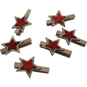 Vánoce Dřevěné kolíčky hvězdy se červeným glitrem 6 ks 3001816
