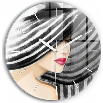 Hodiny Čtvercové Skleněné Nástěnné Hodiny s Grafikou Žena v Černobílé barvě fi30 cm