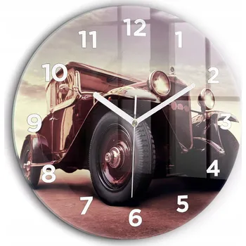 Hodiny Skleněné foto hodiny na zeď Auto ve Vintage stylu bílé ručičky průměr 60 cm